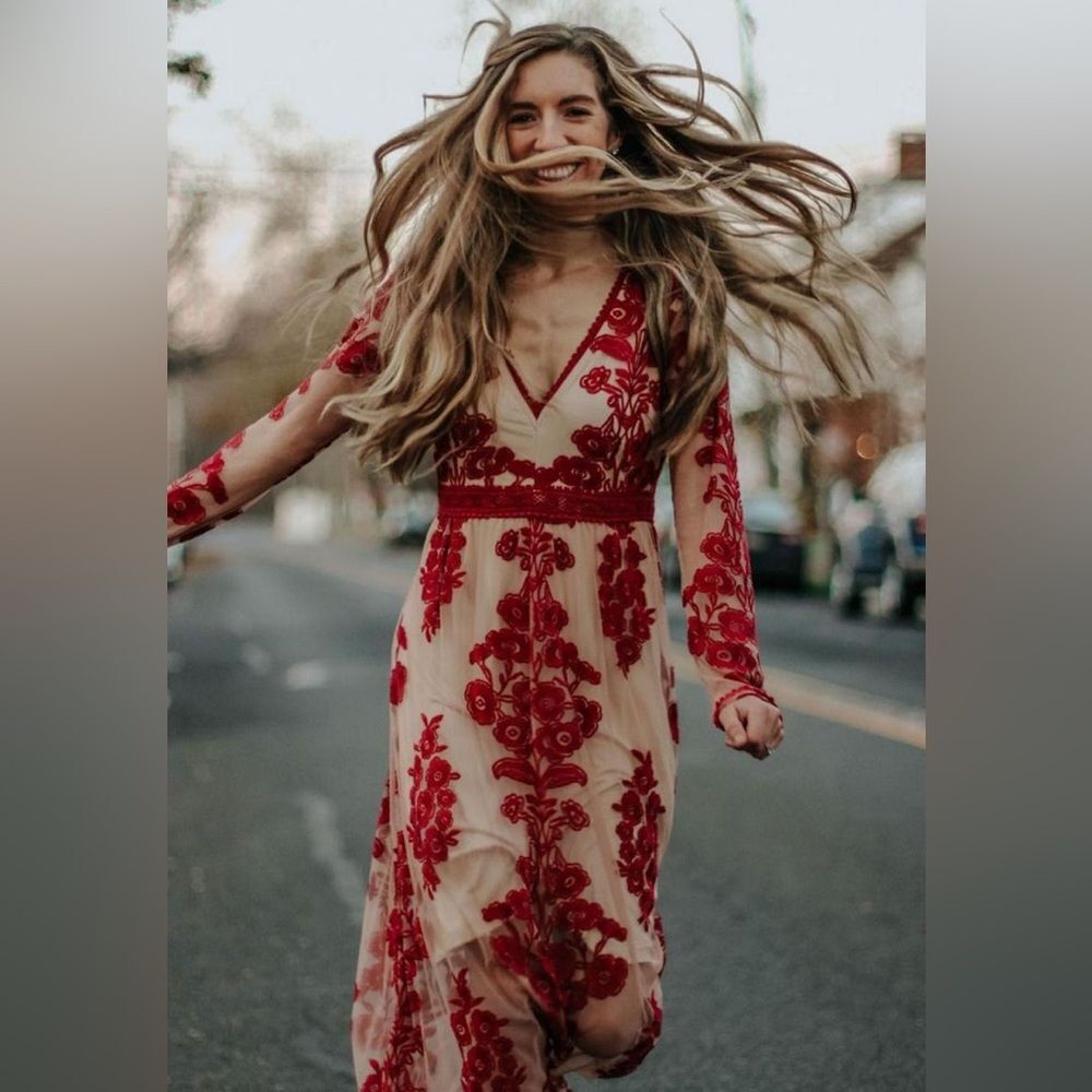 Yickengsenlin Empire Waist Embroidered Long Sleeve Sheer Midi Dress S